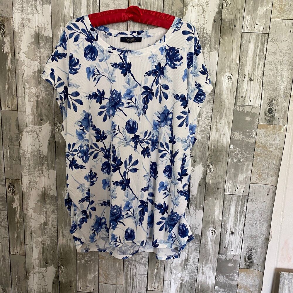 NWT Rachel Roy ruched white and blue floral cap sleeve top 3X